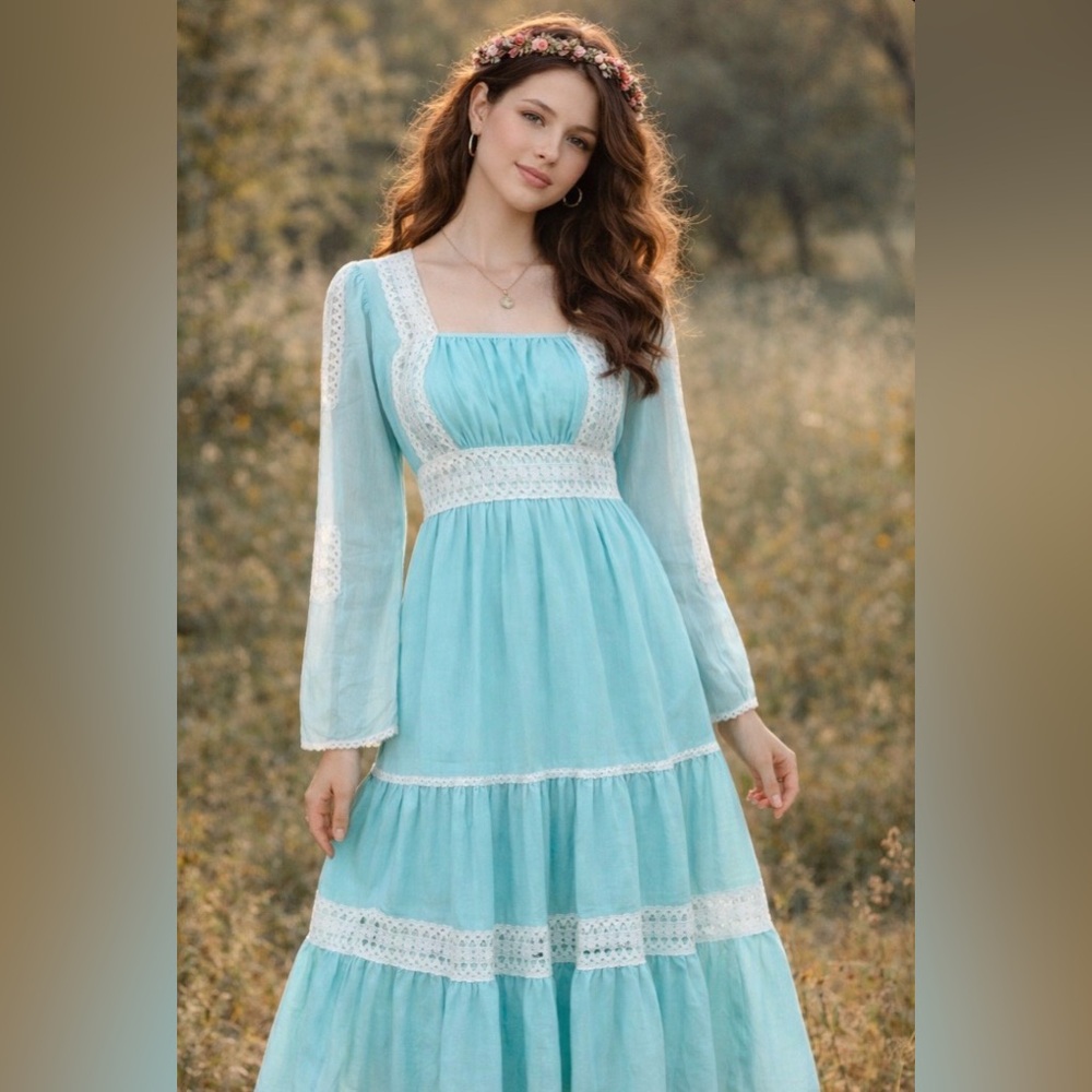 *Vintage 1970’s -blue bohemian maxi dress- crochet trim